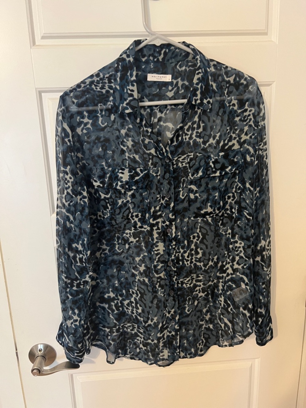 Equipement 100% Silk blue leopard button sheer blouse.